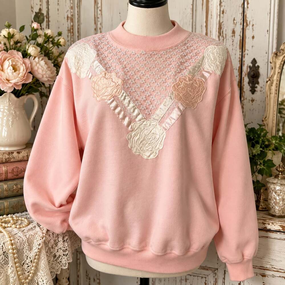 Traffic Jam Sweatshirt Sz L Pink Vintage Lace Overlay Rose Pullover Granny Vtg